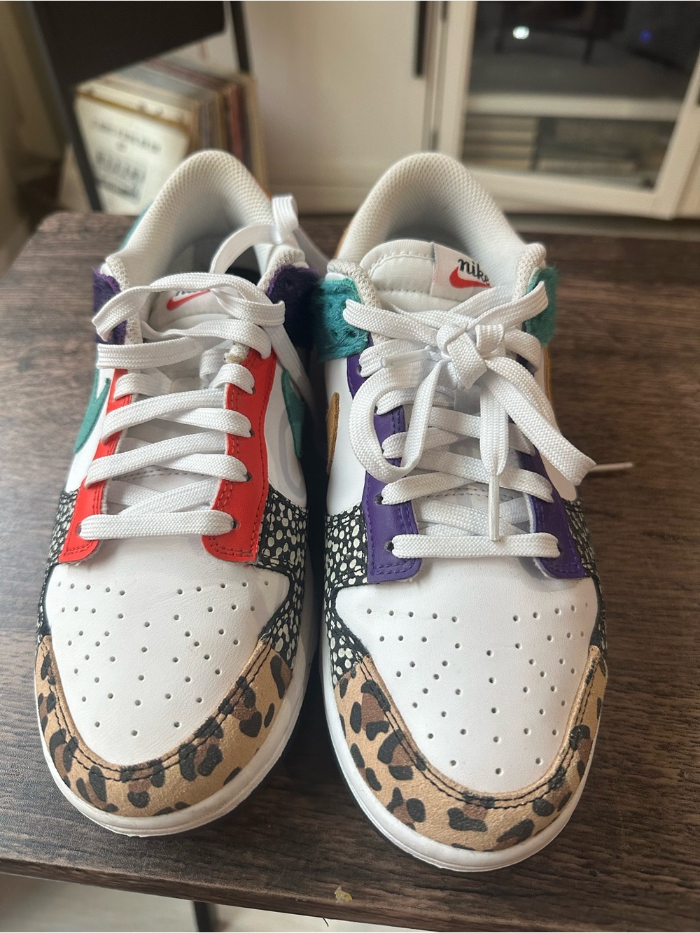 Nike Dunk Low SE White with Gold Swoosh, Teal, Purple & Leopard Accents - Picture 6 of 6